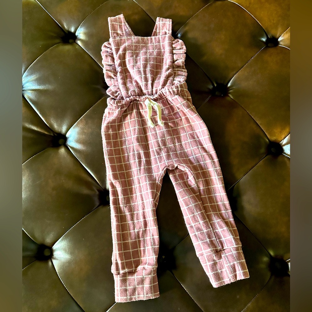 Mauve windowpane overall romper